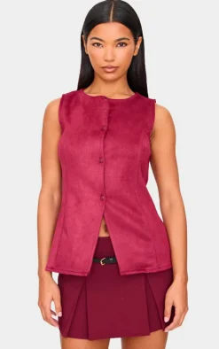Burgundy Longline Faux Suede Vest