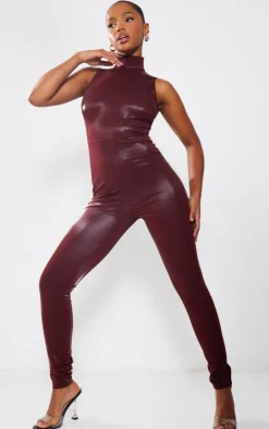 Burgundy Matte Vinyl High Neck Jumpsuit