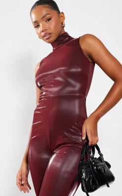 Burgundy Matte Vinyl High Neck Jumpsuit