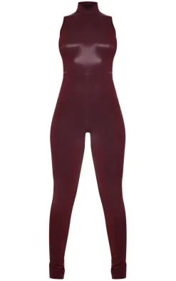 Burgundy Matte Vinyl High Neck Jumpsuit