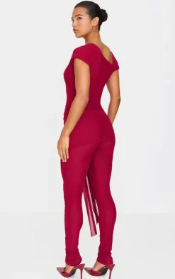 Burgundy Mesh Asymmetric Cap Sleeve Jumpsuit