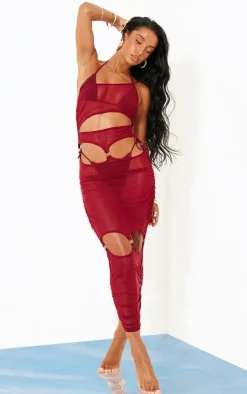 Burgundy Mesh Cut Out O Ring Midaxi Beach Dress