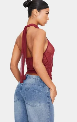 Burgundy Mesh High Neck Backless Long Top