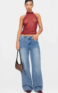 Burgundy Mesh High Neck Backless Long Top