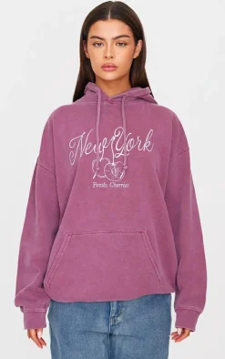 Burgundy New York Cherry Embroidered Hoodie