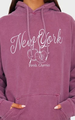 Burgundy New York Cherry Embroidered Hoodie