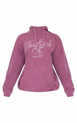 Burgundy New York Cherry Embroidered Hoodie