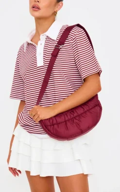 Burgundy Nylon Ruched Pocket Cross Body Bag