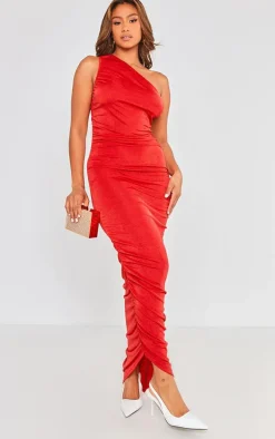Burgundy One Shoulder Ruched Slinky Maxi Dress