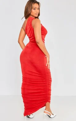 Burgundy One Shoulder Ruched Slinky Maxi Dress