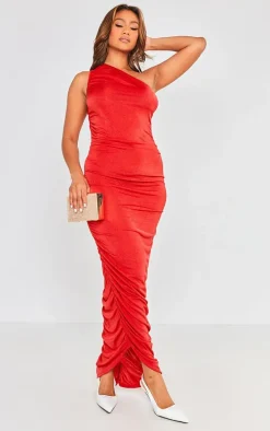 Burgundy One Shoulder Ruched Slinky Maxi Dress