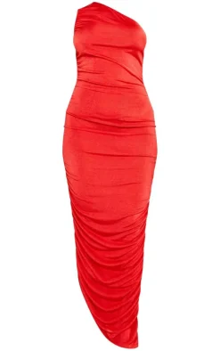 Burgundy One Shoulder Ruched Slinky Maxi Dress