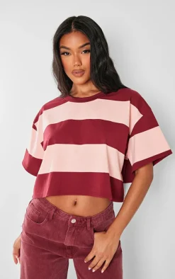 Burgundy Oversized Striped Crop Top