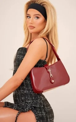 Burgundy Patent Clasp Detail Shoulder Bag
