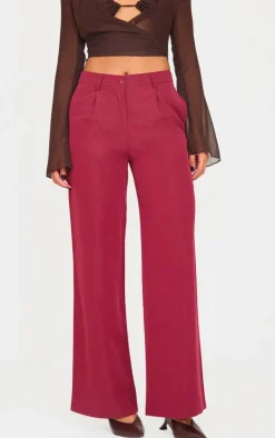 Burgundy Peach Skin Straight Leg Pants
