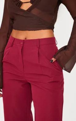 Burgundy Peach Skin Straight Leg Pants
