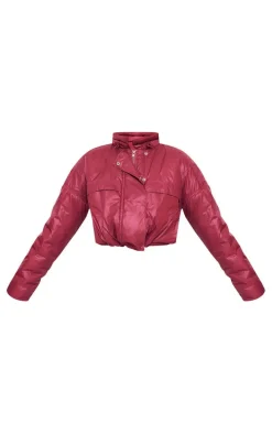 Burgundy Pocket Detail Lightweight Puffer Jacket