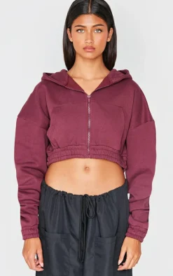 Burgundy Premium Cropped Waistband Detail Sweat Hoodie
