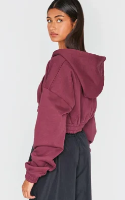 Burgundy Premium Cropped Waistband Detail Sweat Hoodie
