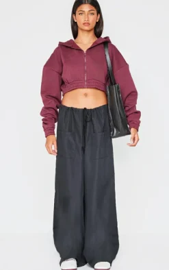 Burgundy Premium Cropped Waistband Detail Sweat Hoodie