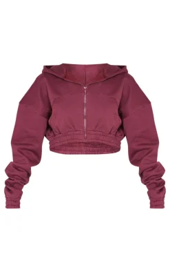 Burgundy Premium Cropped Waistband Detail Sweat Hoodie