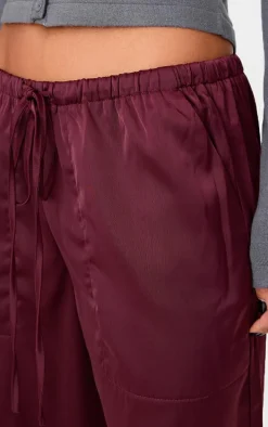 Burgundy Premium Satin Low Rise Drawstring Pants