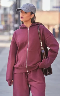 Burgundy Premium Zip Up Oversized Sweat Hoodie