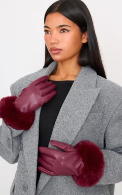 Burgundy PU Faux Fur Trim Gloves