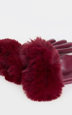 Burgundy PU Faux Fur Trim Gloves