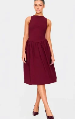 Burgundy Racer Drop Waist Puffball Midi Dress