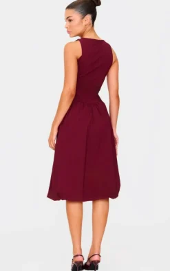 Burgundy Racer Drop Waist Puffball Midi Dress