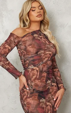 Burgundy Renaissance Print Mesh One Shoulder Ruched Side Midaxi Dress