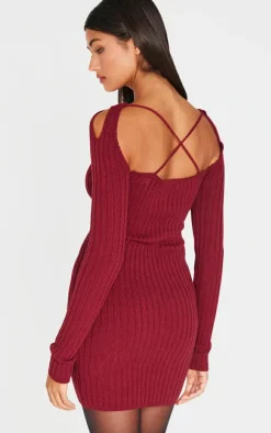 Burgundy Rib Knit Cross Front Gold Trim Mini Dress