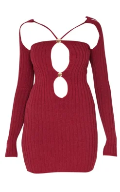 Burgundy Rib Knit Cross Front Gold Trim Mini Dress