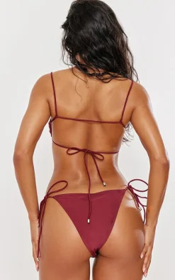 Burgundy Ring Detail Tie Side Bikini Bottoms