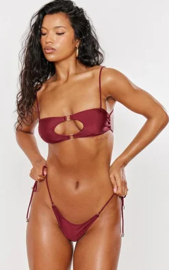 Burgundy Ring Detail Tie Side Bikini Bottoms