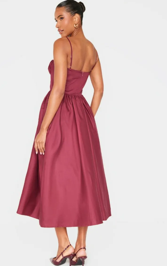Burgundy Ruched Bust Corset Strappy Midaxi Dress