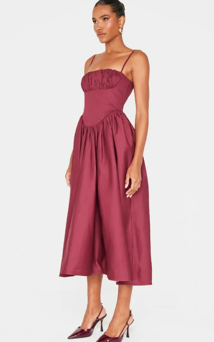 Burgundy Ruched Bust Corset Strappy Midaxi Dress