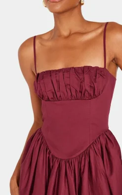 Burgundy Ruched Bust Corset Strappy Midaxi Dress