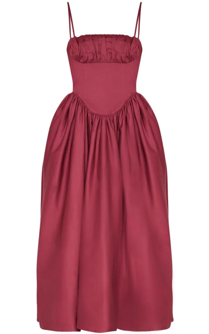 Burgundy Ruched Bust Corset Strappy Midaxi Dress