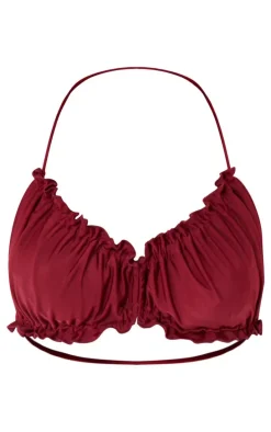 Burgundy Ruched Frill Bikini Top