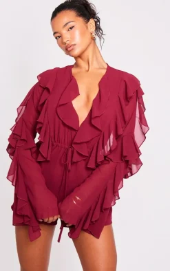 Burgundy Ruffle Detail Long Sleeve Plunge Romper