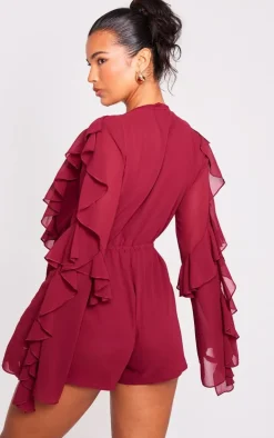 Burgundy Ruffle Detail Long Sleeve Plunge Romper