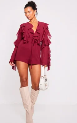Burgundy Ruffle Detail Long Sleeve Plunge Romper