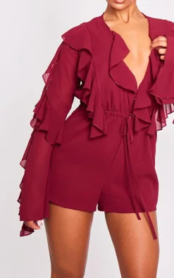 Burgundy Ruffle Detail Long Sleeve Plunge Romper