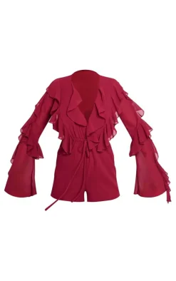 Burgundy Ruffle Detail Long Sleeve Plunge Romper