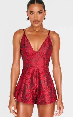Burgundy Satin Jacquard Corset Detail Floaty Romper