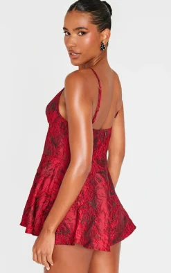 Burgundy Satin Jacquard Corset Detail Floaty Romper