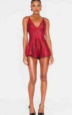 Burgundy Satin Jacquard Corset Detail Floaty Romper