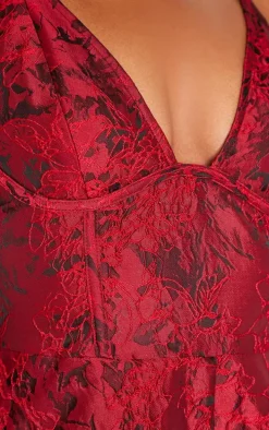 Burgundy Satin Jacquard Corset Detail Floaty Romper